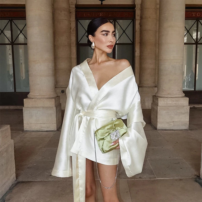 Elegant Lace Up Women Short Dresses Sexy Loose Beige Satin Long Sleeve Female Robe Vintage V-neck Ladies Outwear Party Evening