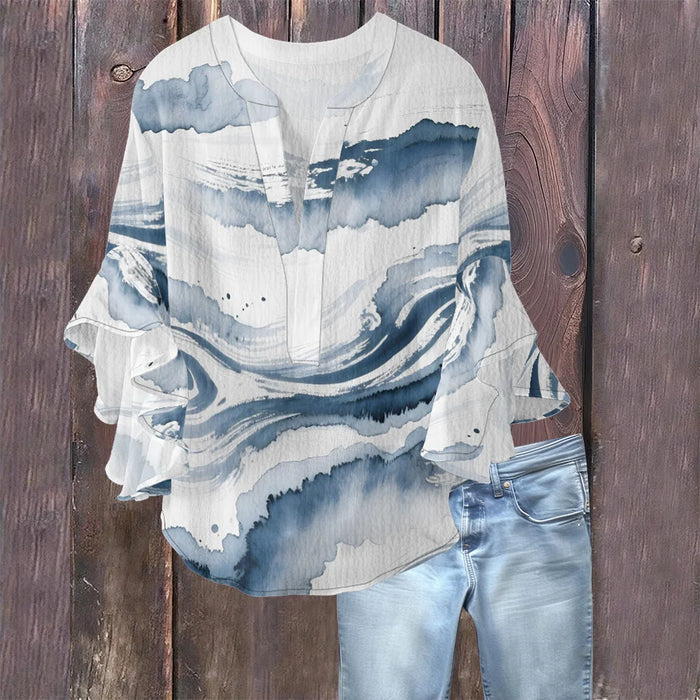 Women's Bohemian Style Blouse Light Blue White Gradient Color Print V-Neck Ruffled Bell Sleeve Chiffon Shirt for Summer Fashion
