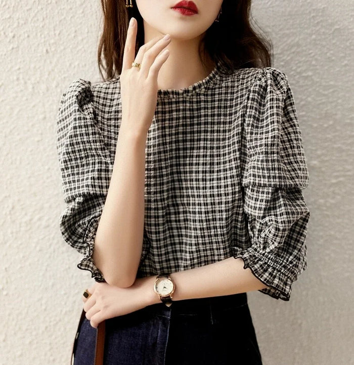 Blouse Woman New Collection 2025 Top Luxury Chiffon Women's Plaid Blouse Half Sleeve Pretty and Cheap Women's Blouses Vintage