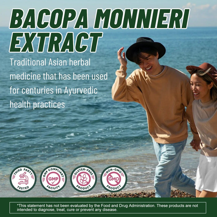 Bacopa Monnieri Extract - Boosts Brain Health, Helps Clear Thinking and Improves Memory,  Enhances Energy and Stamina