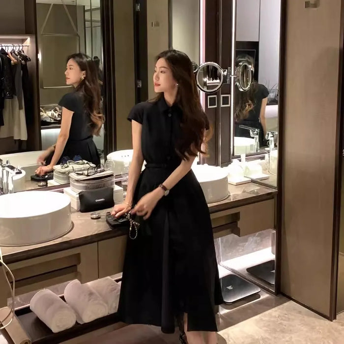 Ladies fashion French dress, Hepburn commuter dress, solid color short-sleeved umbrella dress, black short-sleeved shirtdress
