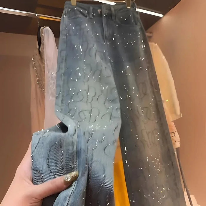 Blue Heavy Embellied Design Women's Jeans Loose Fit Straight Leg Wide Leg Pants Versatile Slimming Spring Summer New Arrival