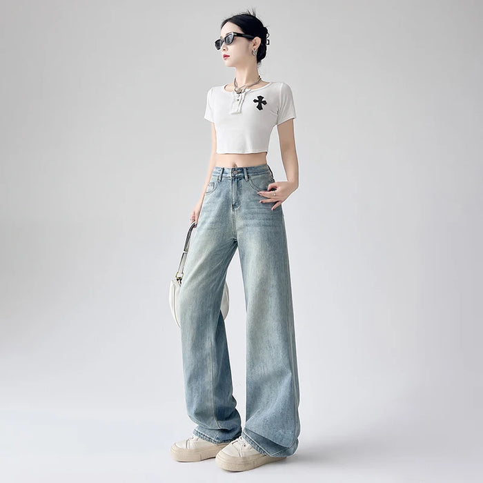2025 Women's Jeans Spring And Summer Tall And Thin Loose Straight Jeans Fashionable Sexy Women's High Waist Wide Leg Pants
