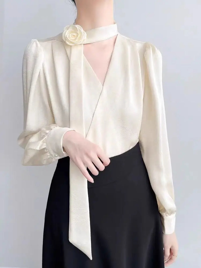 2025 New Ladies' Clothes French Elegance Rose Bow Long-Sleeve Blouse Women’s Chic Spring/Autumn Top Satin High Quality Clothing