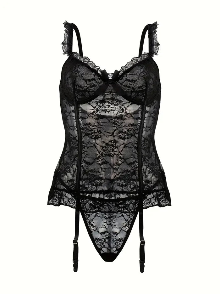 New Arrival European & American Style Premium Lace Lingerie Set: Women's Sexy See-Through Nightgown, Thong Panties
