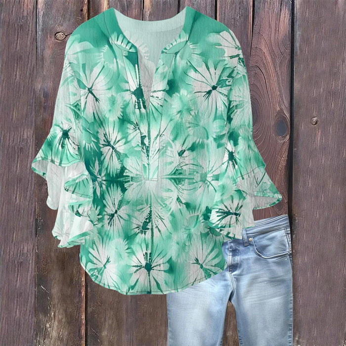 Women's Bohemian Style Blouse Light Blue White Gradient Color Print V-Neck Ruffled Bell Sleeve Chiffon Shirt for Summer Fashion