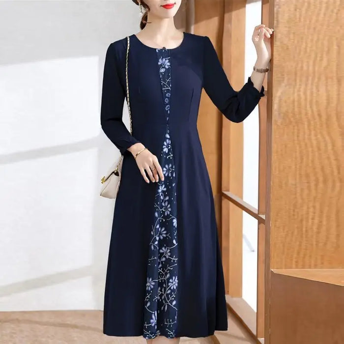 Women's Clothing Lace Patchwork Dresses Elegant A-Line Waist Spring Autumn Long Sleeve Commute Solid Color Round Neck Midi Dress