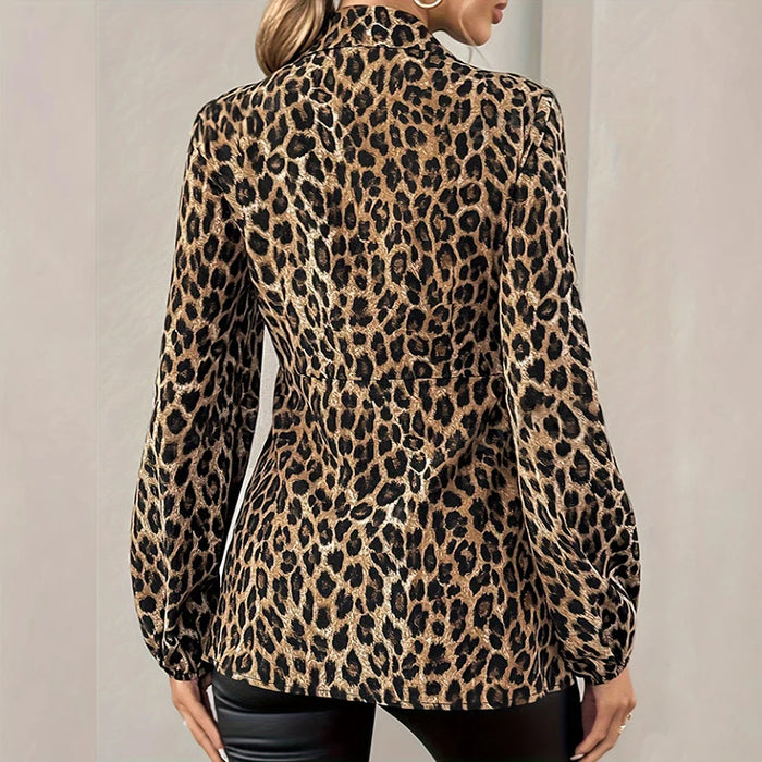 Fashion Women New Leopard Print Lapel Irt Lace-up Shirt Top Spring Casual V Neck Long Sleeved Blouses Tops Office Lady Party Top