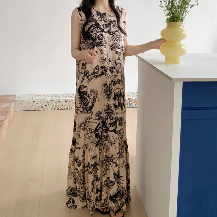 Ladies Summer Spwear Cotton Silk Thin Svel Casual Long Dr round Ne Single Button Print Home Comfortable Faion...