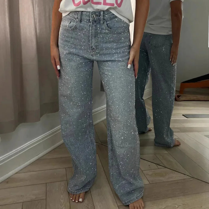Jeans for Women Straight Diamonds Pants Stretch High Waist Washed Mom Jeans Vintage Denims Streetwear Y2k Streetwear Trousers