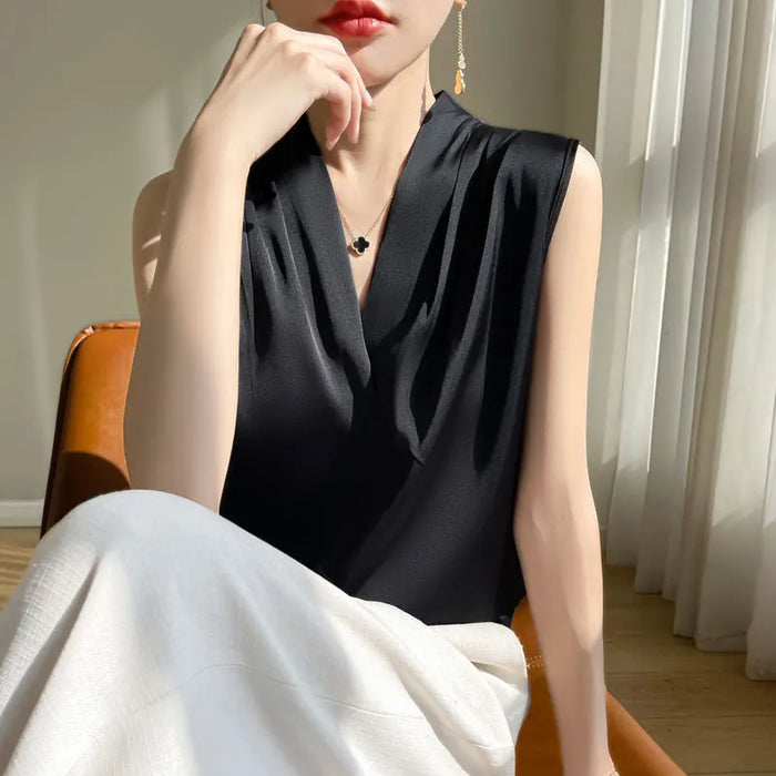 Womens Tops Blouses Solid Color White Satin Blouse Office Shirt Blusas Sleeveless Women Shirts Black White Female YTM A31