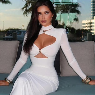 Elegant Party Dresses For Women Fashion Sexy Solid Full Sleeves Hollow Out Turtleneck Sheath Hip Wrap Long Vestidos Robes Female