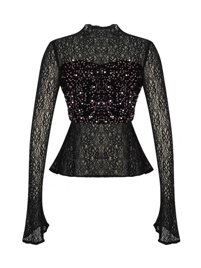 Women's Clothing Chic Black Lace Sexy T-Shirt Ladies Elegant Perspective Short Blouses Sequin Tops Bottom Pullover Jumper Party
