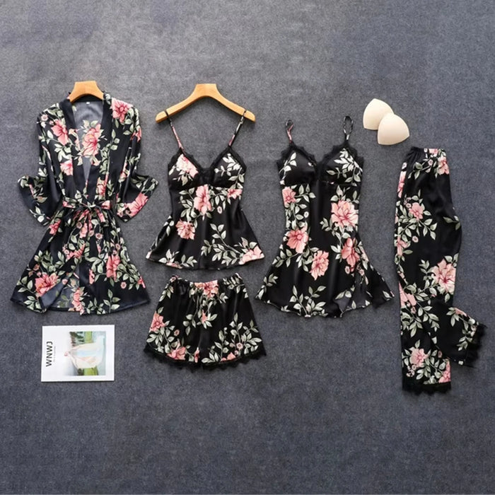 Ladies' sexy pajamas fashionable bathrobes home clothes five piece set suspender nightgown comfortable lace sleepwear underwear