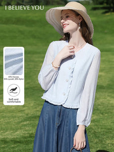I BELIEVE YOU Women's Blouse Elegant Shirt Blue Color French Ruffled Trim V Neck Top Love Button Long Sleeves Blouse 2241055556
