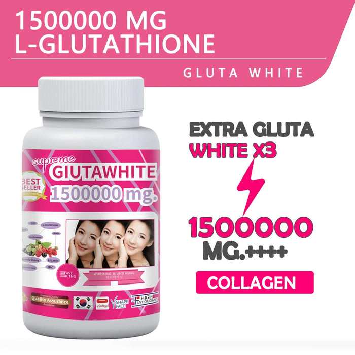 Collagen Supplements with Vitamin C & Biotin | Gluta White 1500000mg Hydrating Formula Skin Whitening Pills | 30 Liquid Softgels