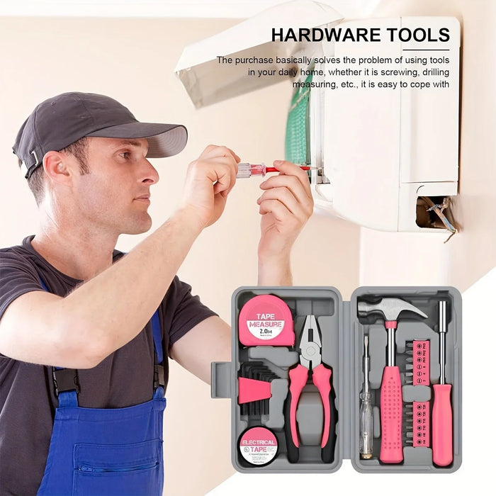Tool Set 24pcs Pink Household DIY Tool Kit for Women. Small Mini Tool Box Set of Starter Basic Ladies Tools