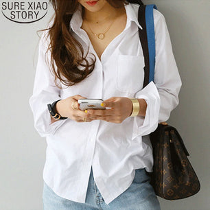 Women Shirts and Blouses 2025 Fashion Office Lady Elegant Long Sleeve Casual White Turn-down Collar OL Style Loose Top 3496