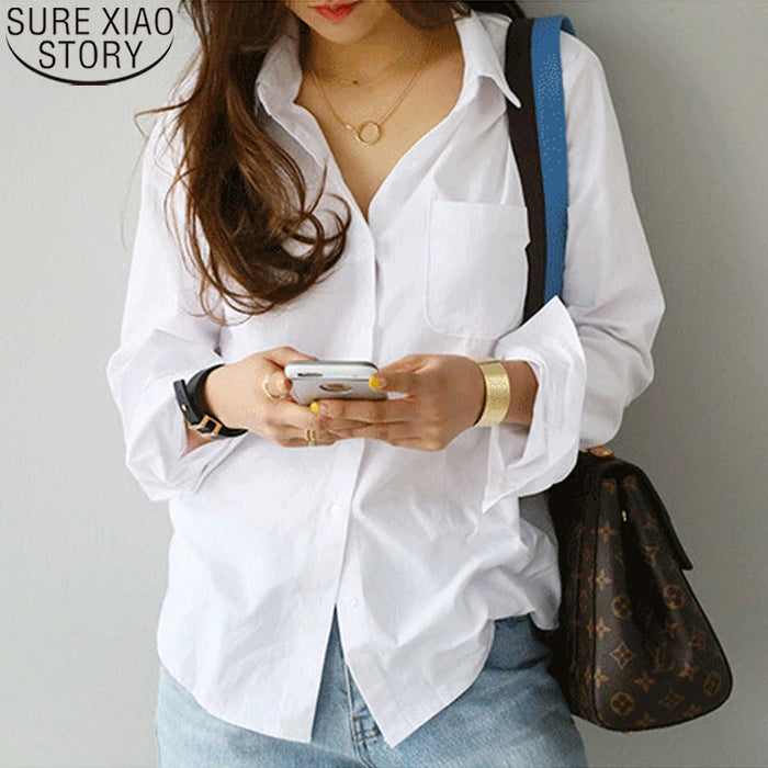 Women Shirts and Blouses 2025 Fashion Office Lady Elegant Long Sleeve Casual White Turn-down Collar OL Style Loose Top 3496