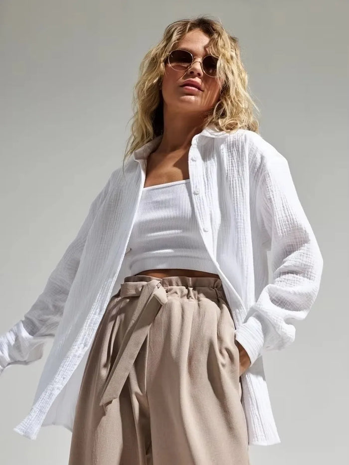 Women Blouse Long Sleeve Shirts Autumn 100% Cotton Loose Tops Lady Crepe Blouses Oversized Shirts 8 Colours Hemd Shirt S02