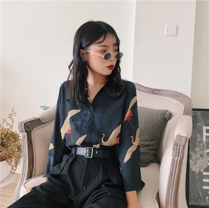 Women's Blouses Clothes Japan Kawaii Ladies Retro Summer Style Vintage Crane Blouse Female Punk Harajuku Cute Tunic For Women