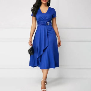 Ladies Cocktail Party Dress Casual V-neck Short Sleeved Lace Up Waist Dress Ladies Asymmetric Wide Hem Dress Evening Party dress