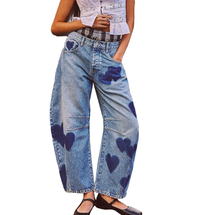 Women's Wide Leg Jeans Trendy Ladies Washed Denim Pants Chic Heart Print Jeans Modern Relaxed Fit Denim Bottoms Fashion Jeans