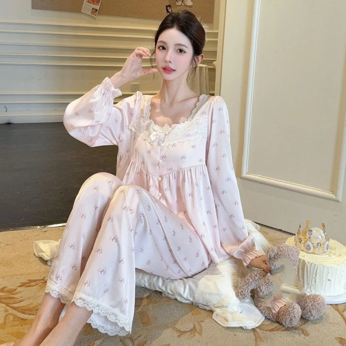 Women Elegant Lace Square Collar 2PCS Pajamas Suit Loungewear Vintage Princess Style Homewear Top Pants Rayon Nightwear