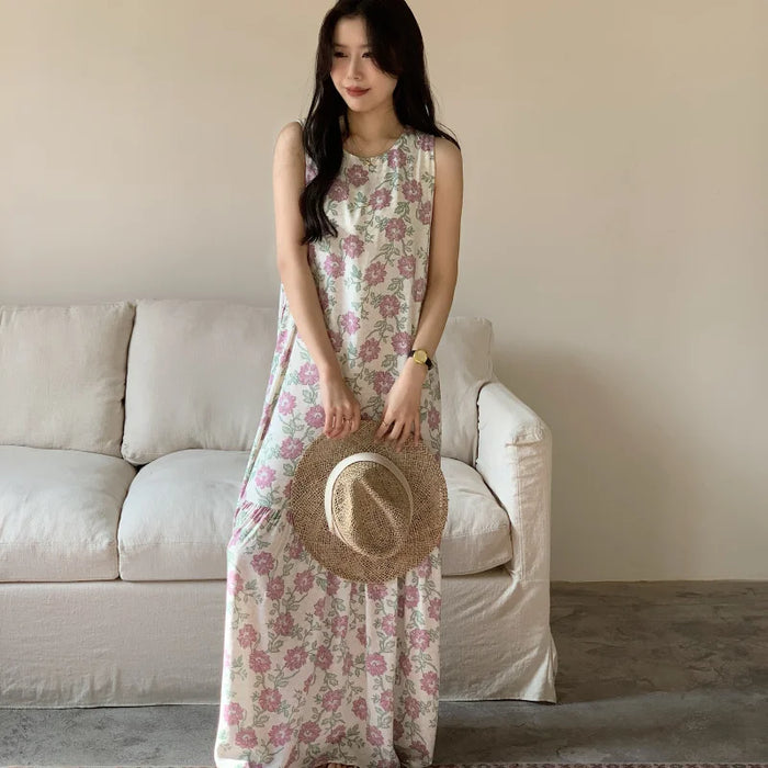 Ladies Summer Spwear Cotton Silk Thin Svel Casual Long Dr round Ne Single Button Print Home Comfortable Faion...