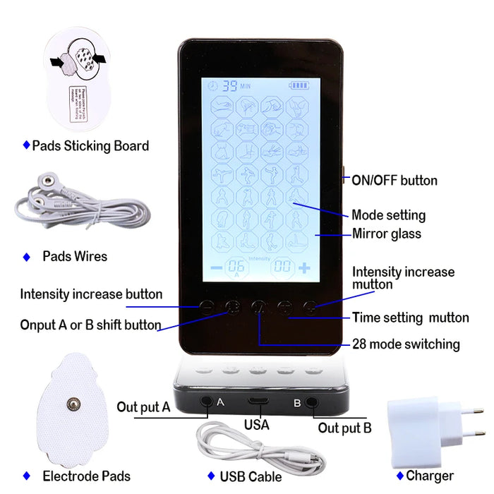 Health Smart Screen Dual-Output 28 Modes TENS/EMS Acupuncture Physiotherapy Electronic Pulse Massager Pain Relief Therapy Device