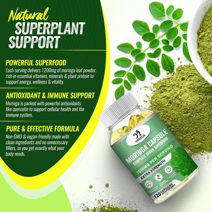 Buy 1 Get 1 Free! Premium Moringa Oleifera Supplement, for Skin Glow, Energy & Blood Sugar Balance, Powerful Detox, Women & Men