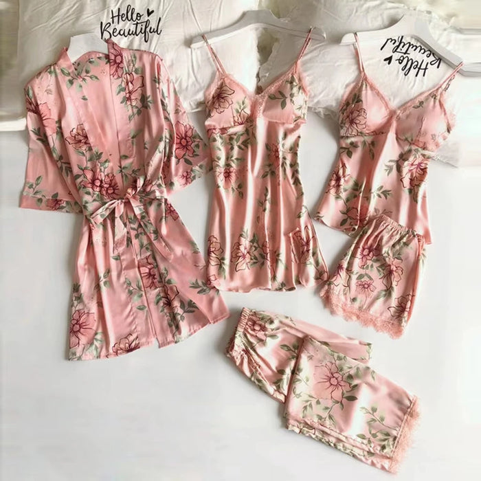 Ladies' sexy pajamas fashionable bathrobes home clothes five piece set suspender nightgown comfortable lace sleepwear underwear