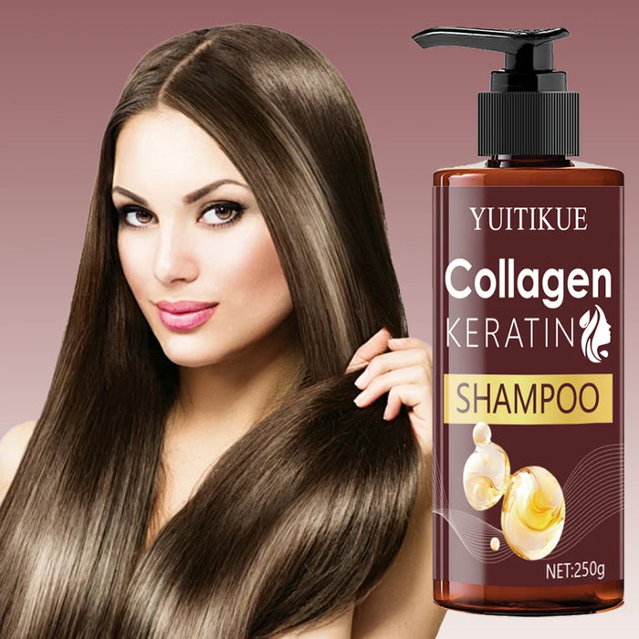 Collagen shampoo strengthens hair, repairs damaged and frizzy hair, makes hair more voluminous, and adds shine.