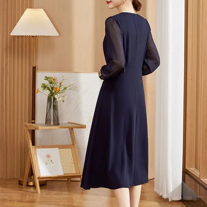 Women's Clothing Lace Patchwork Dresses Elegant A-Line Waist Spring Autumn Long Sleeve Commute Solid Color Round Neck Midi Dress