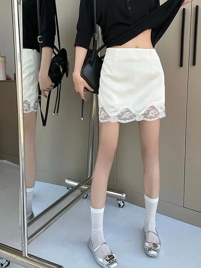 Ladies Fashion Lace Patchwork Satin A-line Skirt Summer High Waist Solid Color Temperament Skirt Women Clothes Simplicity Skirt