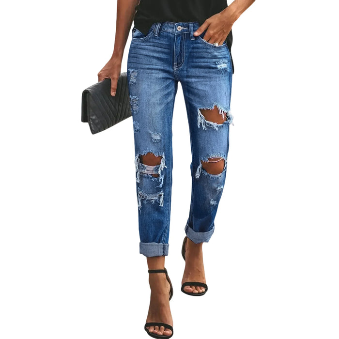 Jeans Fashionable Women Mid-Rise Vintage Trousers Ripped Style Warehouse Jeans Local Promotion Slim Casual Jeans Classic Style