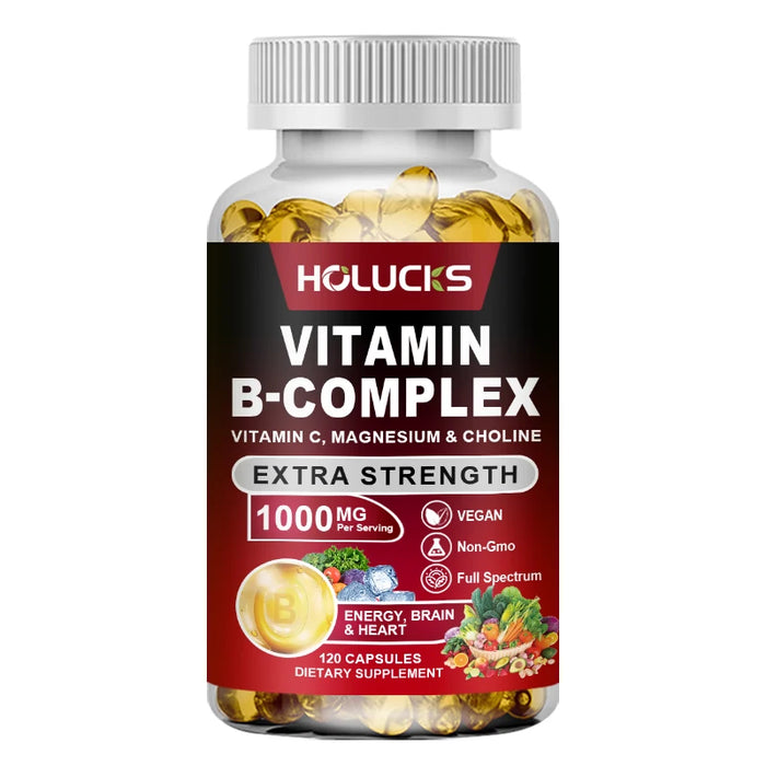 Vitamin B Complex Capsules (B12, B1, B2, B3, B5, B6, B7, B9, Folic Acid & Biotin) Reduce Stress & Supports Better Moods