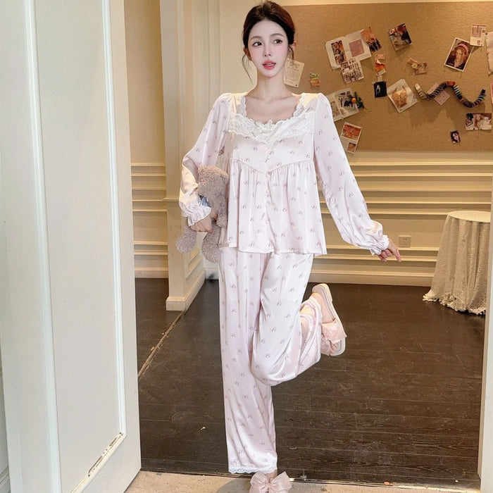 Women Elegant Lace Square Collar 2PCS Pajamas Suit Loungewear Vintage Princess Style Homewear Top Pants Rayon Nightwear