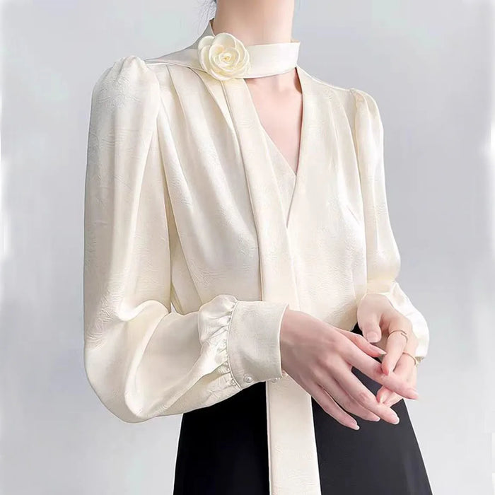 2025 New Ladies' Clothes French Elegance Rose Bow Long-Sleeve Blouse Women’s Chic Spring/Autumn Top Satin High Quality Clothing