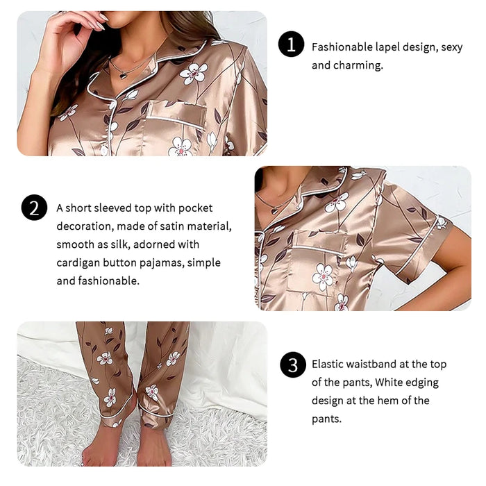 Ladies Floral Print Pajamas Set Autumn Short Sleeve Buttons Top & Elastic Waistband Pants Women's Sleepwear Loungewear Pj Sets