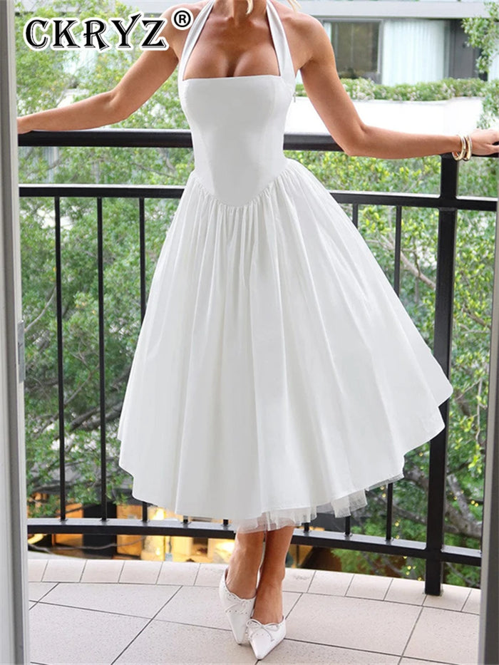 Ladies Summer 2 Layers Elegant Evening Party Dress Women Sleeveless Backless Halter Maxi Dresses Club Streetwear Female Outfits
