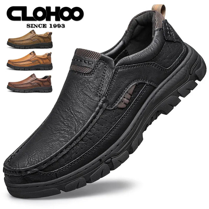 CLOHOOMen's Casual Loafers Handmade Breathable Leather Shoes with Thick Rubber Sole Comfortable Footwear Classic Hand Sewn Seams