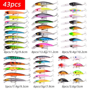 43pcs Mixed Fishing Lures Kit Minnow Hard Baits Crankbait Swimbait Fishing Lure Set Gear For Bass Pike Saltwater Freshwater