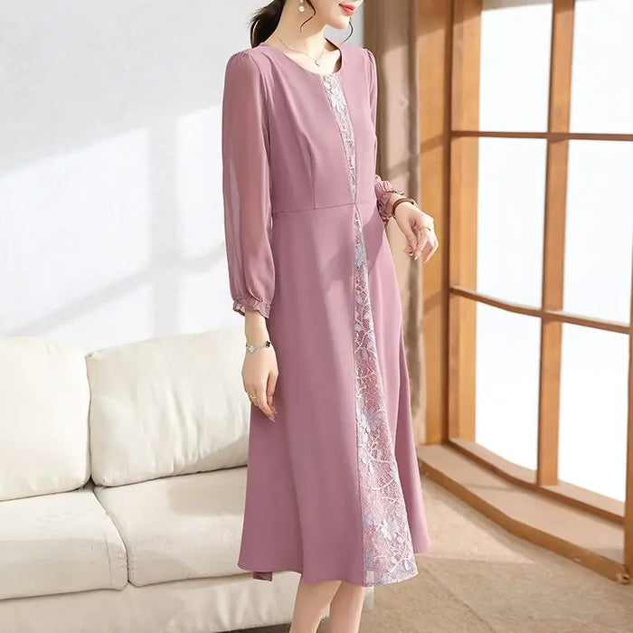 Women's Clothing Lace Patchwork Dresses Elegant A-Line Waist Spring Autumn Long Sleeve Commute Solid Color Round Neck Midi Dress