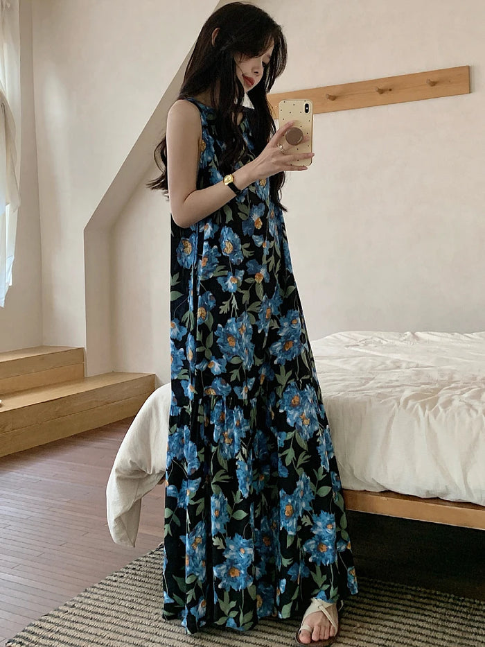 Ladies Summer Spwear Cotton Silk Thin Svel Casual Long Dr round Ne Single Button Print Home Comfortable Faion...