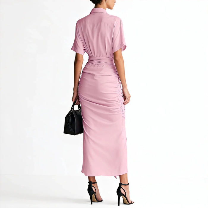 Lady Elegant A Line Dress Daily Business Style Ruffled Dress Single Breasted Short Sleeve Solid Color Cozy Lapel Women Dress