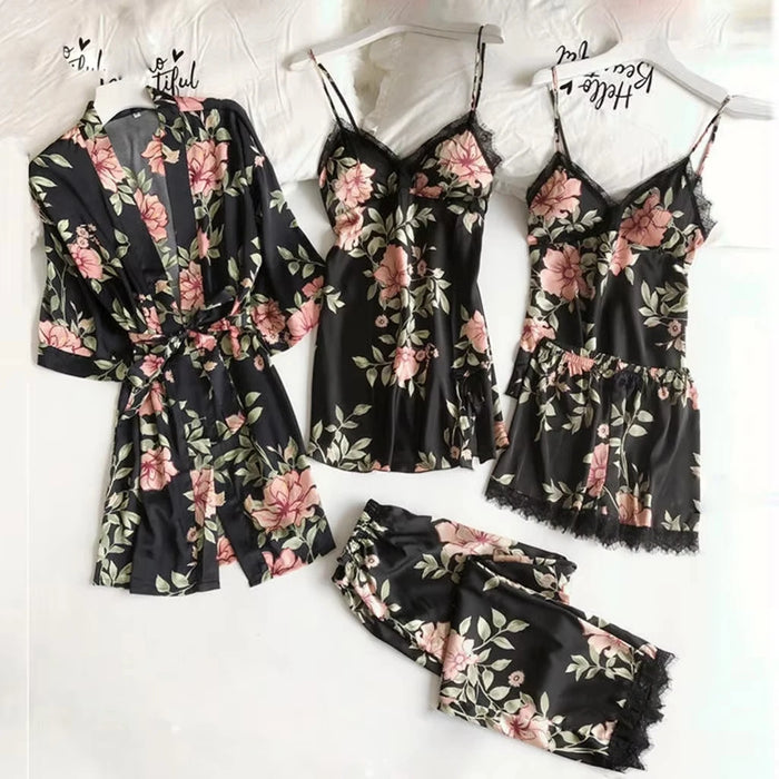 Ladies' sexy pajamas fashionable bathrobes home clothes five piece set suspender nightgown comfortable lace sleepwear underwear