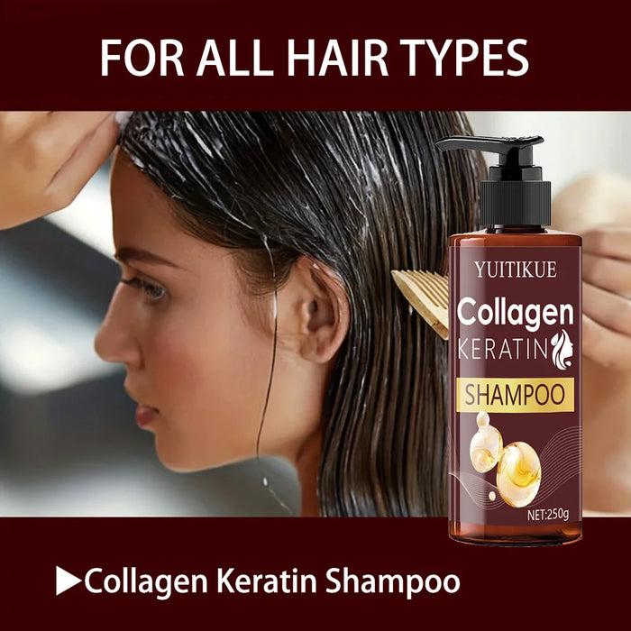 Collagen shampoo strengthens hair, repairs damaged and frizzy hair, makes hair more voluminous, and adds shine.