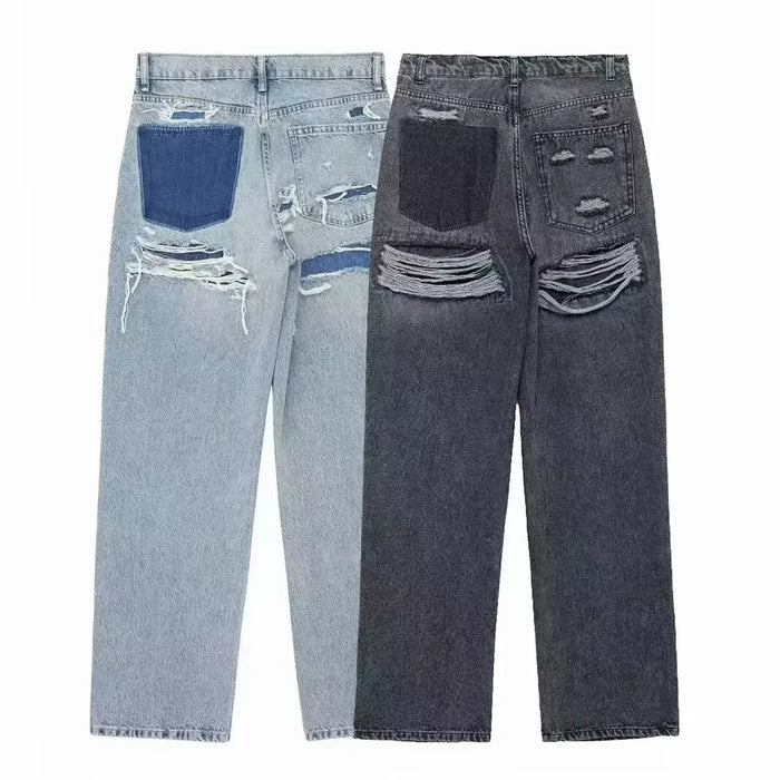 Women 2025 Autumn New Fashion Ripped Loose Jeans Vintage Pocket Casual Chic Female Denim Pants