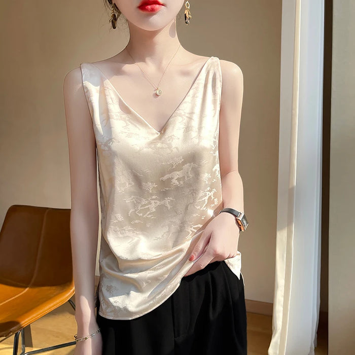 Women's Summer Blouses Sleeveless  Ladies Black Beautiful Blouses Elegant Satin Silk Blouses for Women Plus Size TopBlouses  Bod